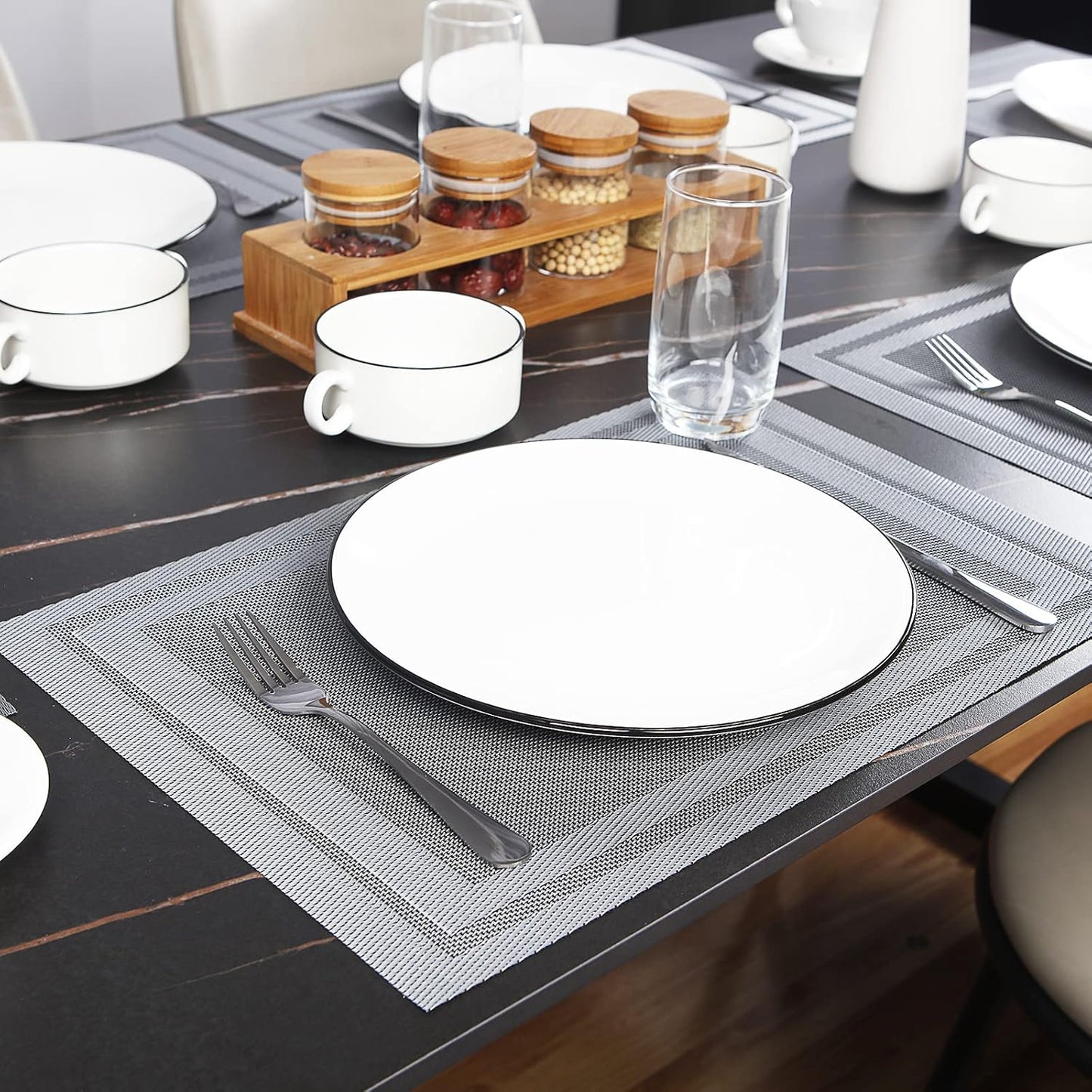 Placemats Set of 4,Washable,Heat and Stain Resistant Indoor/Outdoor Place mats,Vinyl Woven Non Slip Table Mats for Restaurant Table Protection,PVC Placemats(Gray,4PCS)