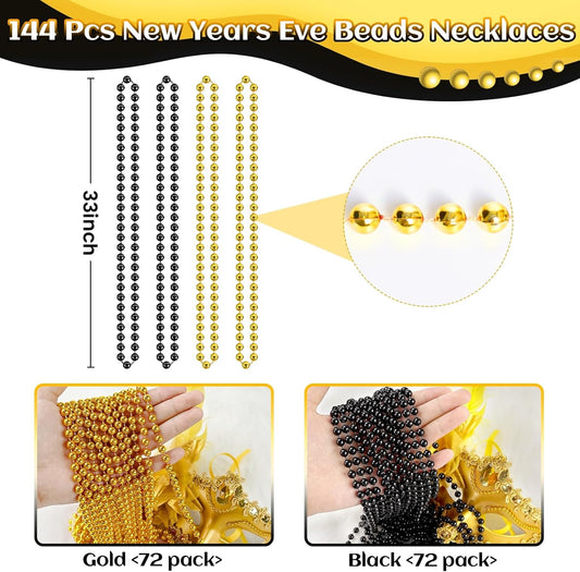 144 PCS Gold Black New Year Necklaces, New Year Eve Necklaces, 33'' Round Happy New Year Necklace Accessories, 2026 New Year Party Beads for New Year's Day, Halloween, Christmas, Carnival Party Favors