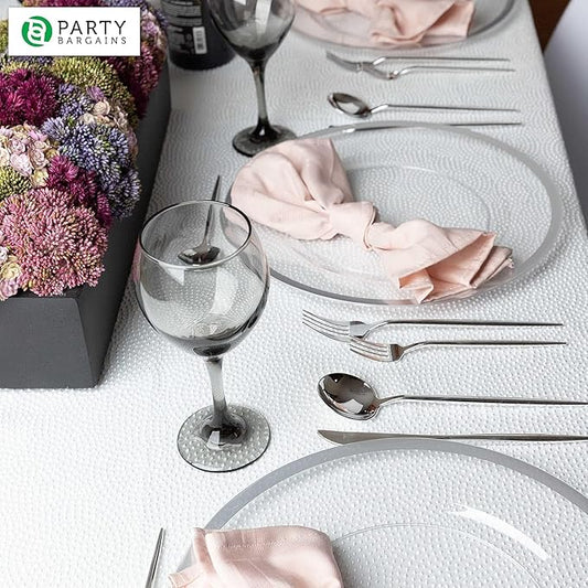 PARTY BARGAINS 13-Inch Charger Plates - 48 Pack, Clear Silver Rim, Heavy-Duty Disposable Chargers for Elegant Dining - Ideal for Weddings and Formal Events