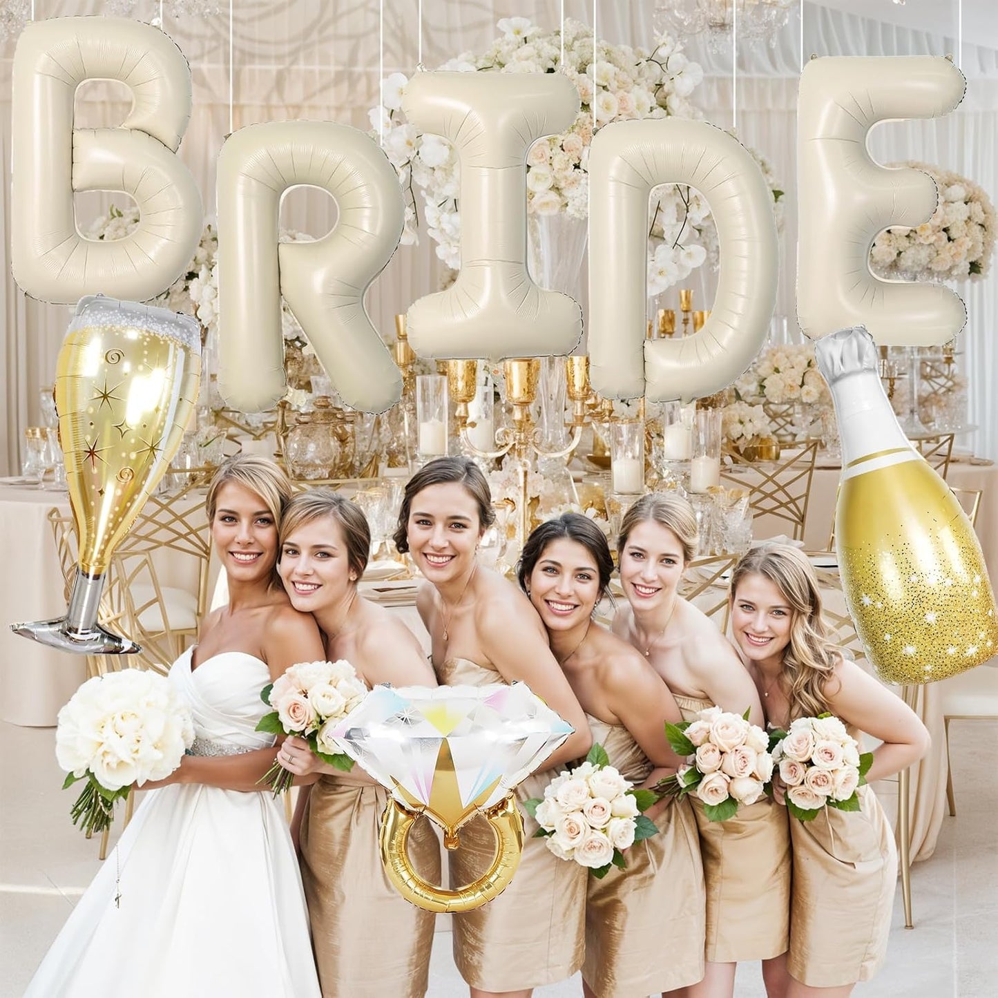40inch Bride Balloons Beige Letters Banner, Sand White Bachelorette Party Decorations Set with Diamond Ring Champagne Bottle Balloon Glass Foil Balloon for Nude White Bachelorette Engagement Wedding