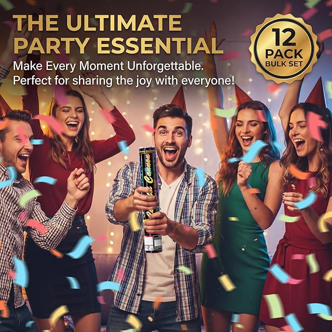 Biodegradable Confetti Cannons 12 Pack, 12" Multicolor Party Poppers for Birthday, Graduation, Wedding, Christmas, New Year & Celebration Events