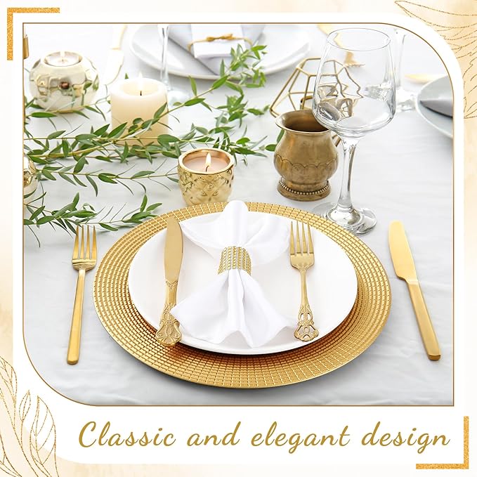 Tanlade 50 Set Bright Gold Charger Plates Bulk with Napkin Rings Plastic 13" Plate Charger Fluted Edge Wedding Decoration for Table Wedding Party Event(Chain)