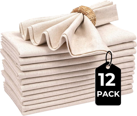 Homidate Linen Flax Cotton Cloth Dinner Napkins Set of 12 – 18x18 Natural Hemstitched Reusable Fabric Napkins for Weddings, Parties, Dinners & Table Décor – Elegant & Durable