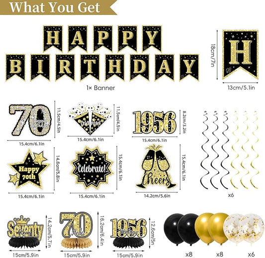 70th Birthday Decorations for Men, Black Gold Back in 1956 Party Supplies with Banner, Backdrop, Sash, Balloons, Cake Topper, Honeycomb Centerpieces, Happy 70th Birthday Party Decorations Kit
