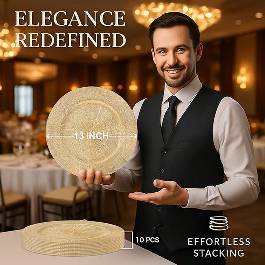 JEVERGN 10 Pack Gold Charger Plates, 13" Plating Linear Chargers for Dinner Plates, Gold Plate Chargers Set of 10, Round Plastic Charger for Wedding, Party Event, Dinner, Table Setting