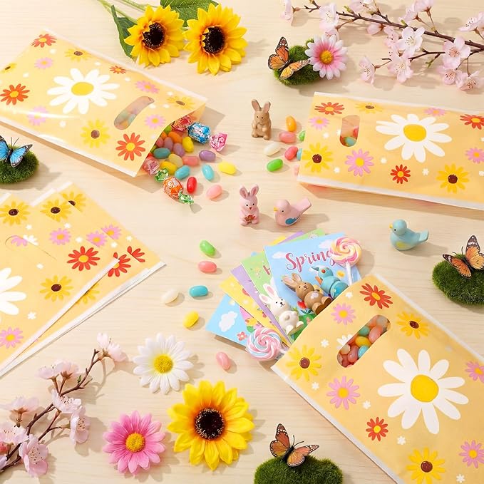 Frienda 100 Pcs Spring Daisy Flower Plastic Gift Bags with Handles 9.84''x6.5'' Daisy Plastic Candy Goodies Bags Treat Favors for Picnic Camping Spring Groovy Wedding Tea Party Gift Wrapping Supplies