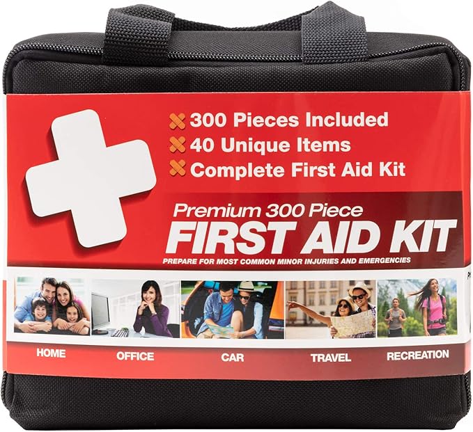M2 BASICS Premium First Aid Kit, 300 Pieces, 40 Unique Items – First Aid Kit for Home, Car, Vehicles, Business, Travel, Outdoors, Camping, Travel Sports – Durable Bag, Emergency Medical Supplies