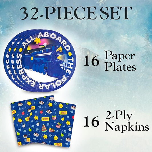 Silver Buffalo The Polar Express All Aboard Christmas Holiday Train 32 Pack Partyware Disposable Paper Plates and Napkins