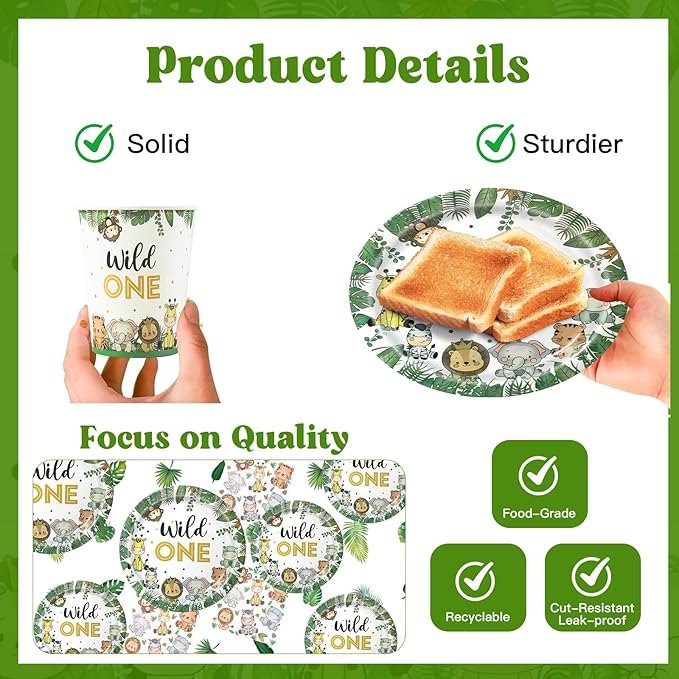 Wild One Birthday Decorations,182pcs Jungle Safari Theme Party Supplies,Includes Plates Napkins Cutlery Tablecloth and Banner,for Baby Shower or Boys 1st Birthday Party,Serve 30 Guests