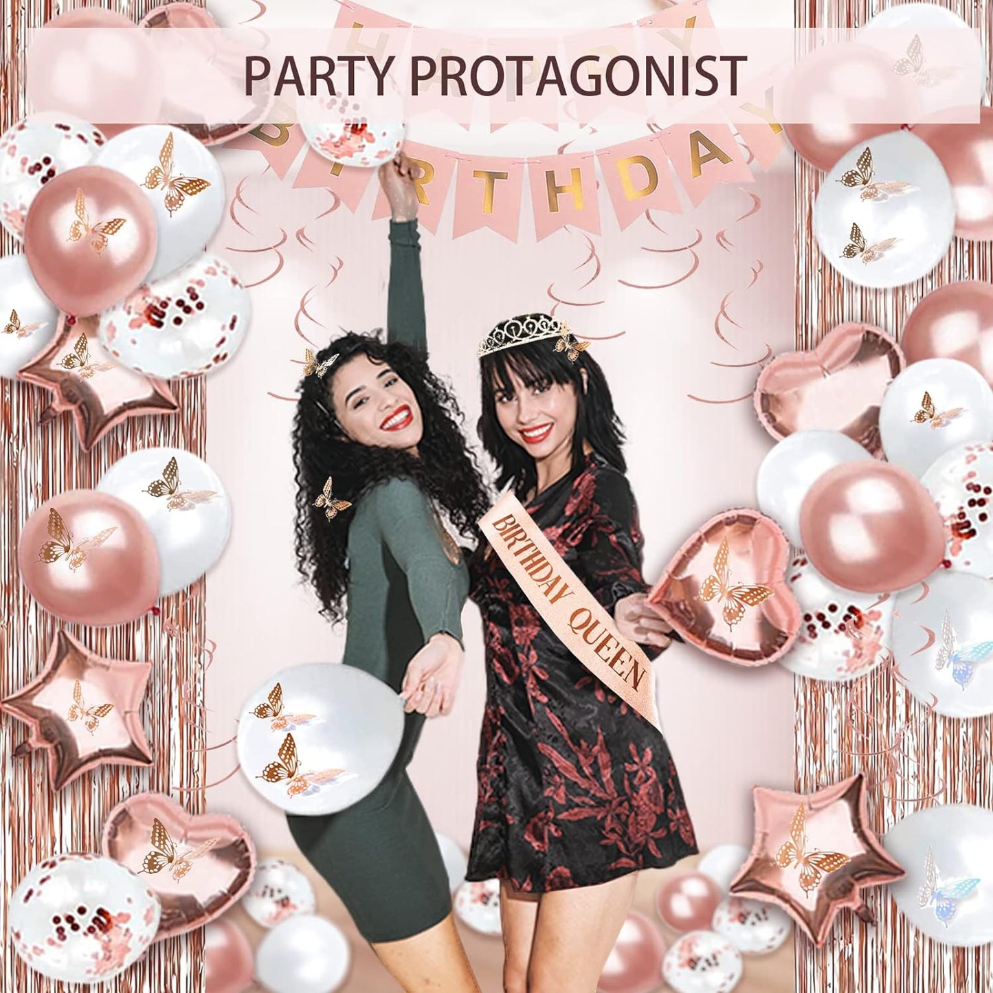 236 Pcs Birthday Decorations For Women, Rose Gold Party Decorations Kit For Girls Or Women - Butterfly, Hanging Swirl, Balloon Stand, Sash, Tiara, Banner, Balloon, Tableware For 25 Guest