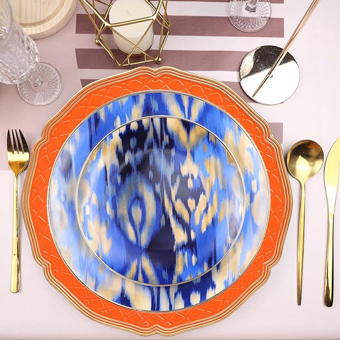 Orange Scallop Charger Plates, Set of 6 Plastic Wedding Bulk Plate Charges for Dinner Plates, Table Decoration, Holiday, Thanksgiving, Christmas.