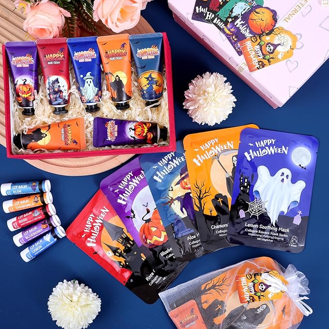 50 Pack Halloween Hand Cream, Facial Mask and Lip Balm Set, Bulk Halloween Gifts for Women, Halloween Decorations, Halloween Party Favors, Halloween Basket Stuffers and Halloween Skincare