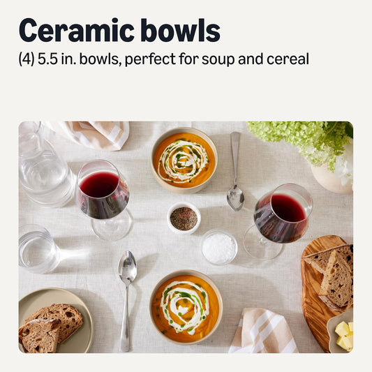 Amazon Basics Glazed Stoneware Bowls, 4-Piece Set, Dishwasher-Safe, 5.5 in., Linen Gray