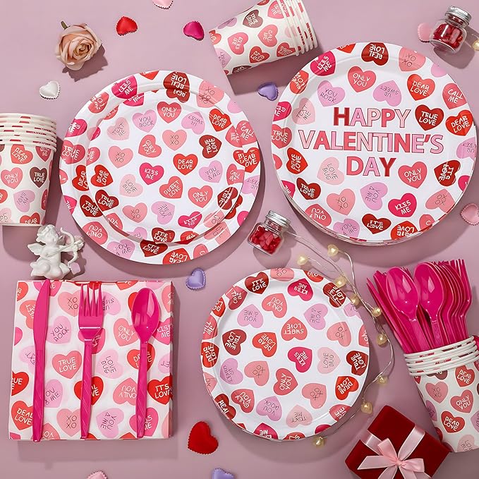 Layhit 350 Pcs Valentine's Day Tableware Sets Conversation Heart Paper Plates Valentines Plates Napkins Cups Disposable Pink Heart Candy Dinnerware for Valentine Weddings Birthday
