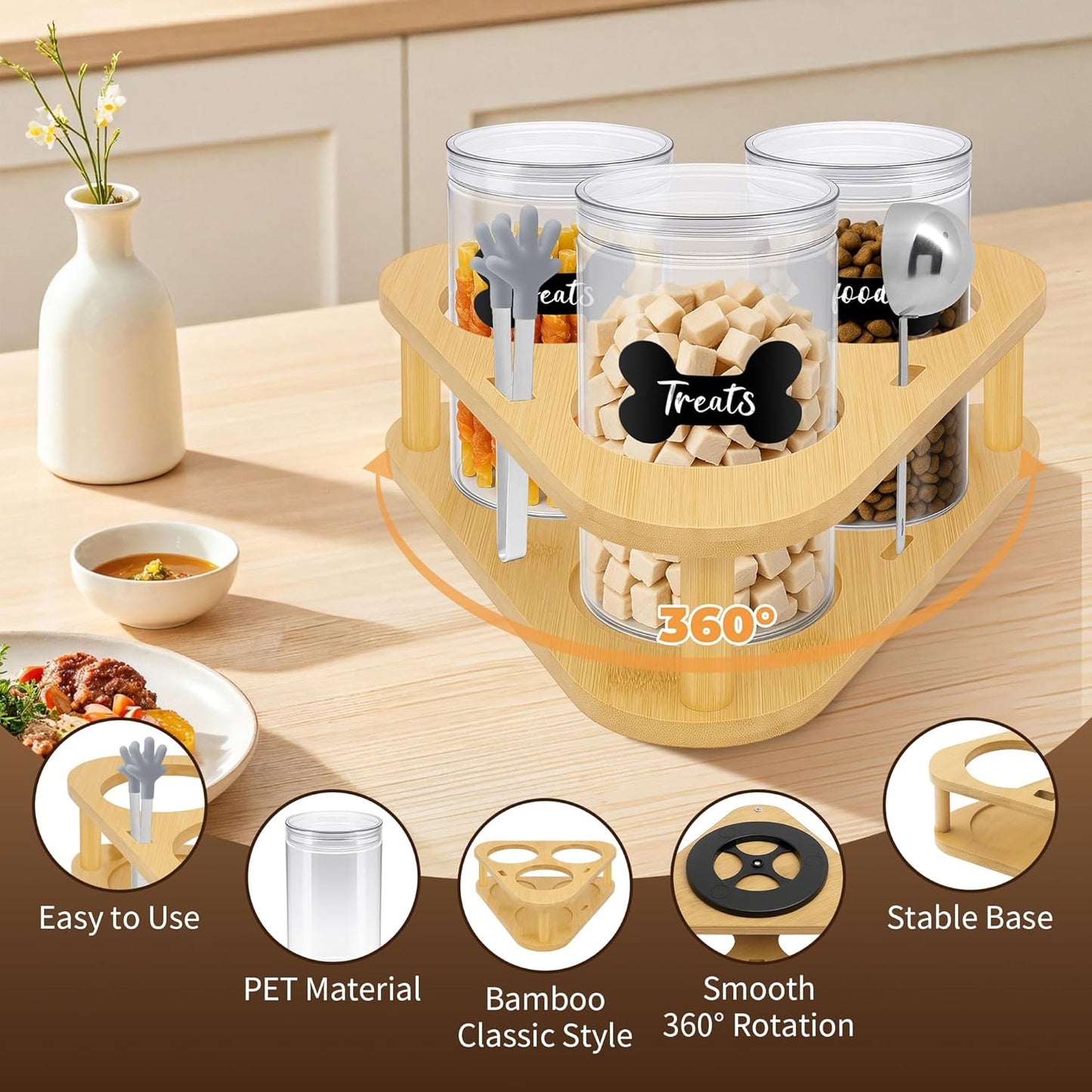 3 Pack Airtight Food Storage Containers with Lids,Clear Food Storage Jar Round Tin,Plastic Storage Canister Kitchen Pantry,Lazy Susan,Labels,Spoon,Food Tong,Pen