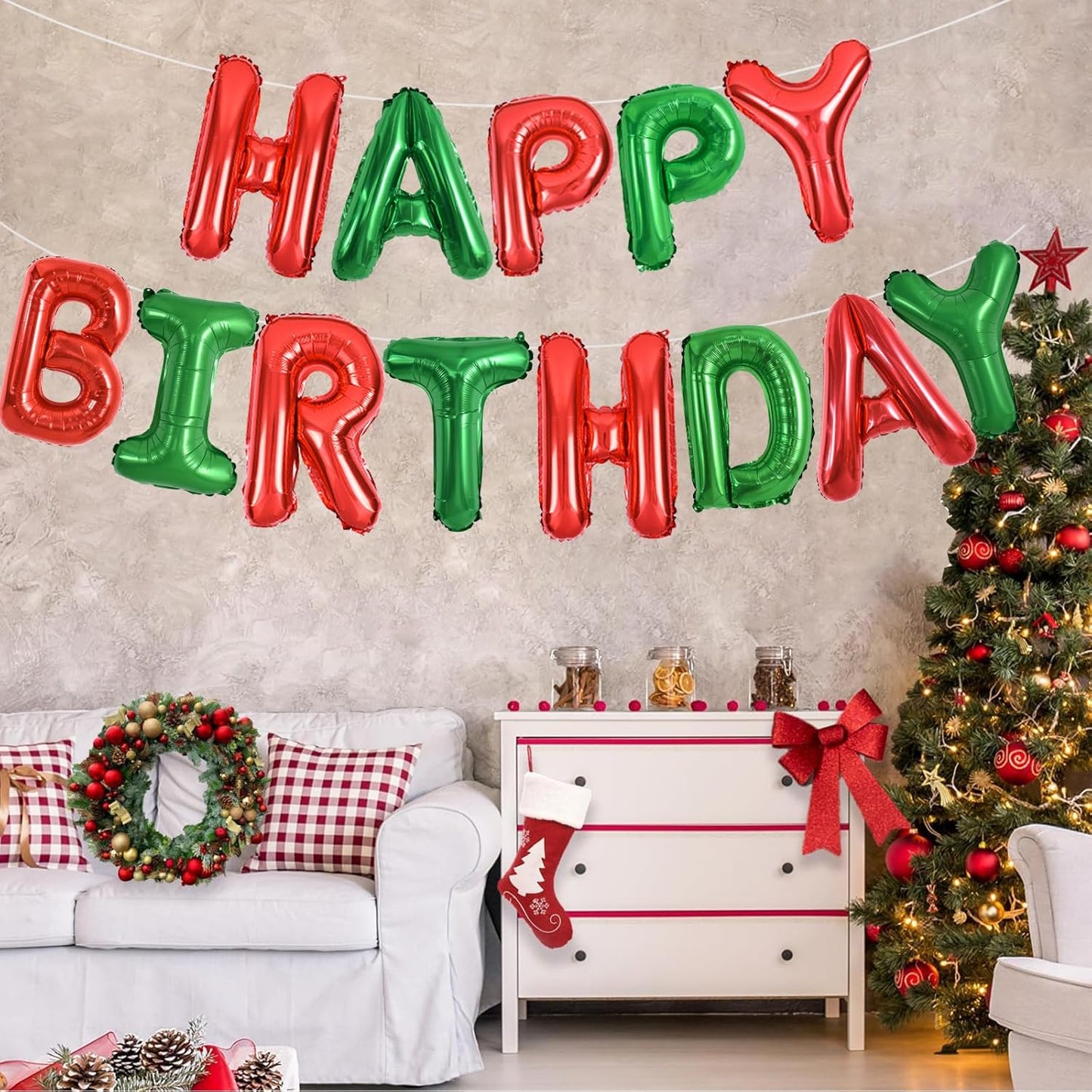 TONIFUL Red Green Happy Birthday Balloons Banner,16 Inch Mylar Foil Birthday Sign Banner for Girls Boys Kids & Adults Birthday Decorations Christmas Party New Year's Eve Supplies