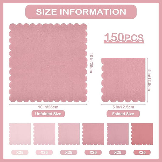durony 150 Pack Scalloped Napkins 5 x 5 Inch Disposable Paper Napkins Gradient Color Napkins with Scalloped Edges for Dinner Wedding Birthday Party Supplies, Dusty Pink