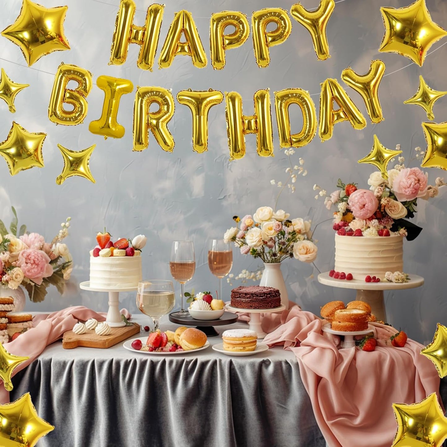 TONIFUL 35PCS Gold Happy Birthday Decorations Kit 16 Inch Happy Birthday Balloon Banner with Star Balloons Mylar Foil Birthday Party Decorations Supplies for Men Women Adults Girls Boys Kids
