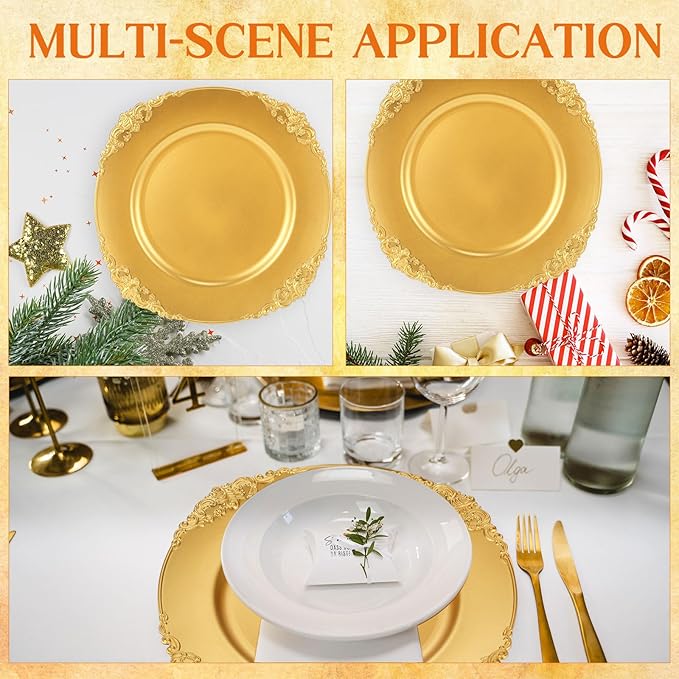 Jinei 36 Pack Gold Charger Plates 13 Inch Plastic Embossed Round Charger Plates Wedding Table Decoration Reusable Dinner Plate Tray for Birthday Party Holiday Event