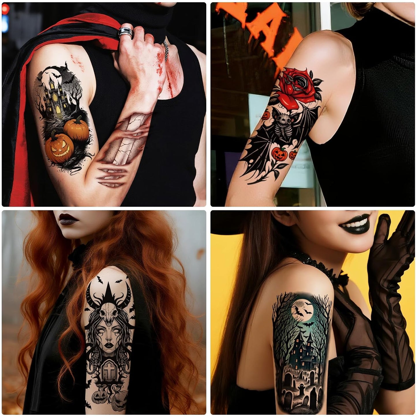 77 PCS Halloween Temporary Tattoos Adult Kids, 17 PCS Half Arm Pumpkin Bat Crow Witch Skull Fake Tattoos, 60 PCS Spider Cat Ghost Scar Tiny Realistic Face Body Tattoos Stickers for Halloween Costume