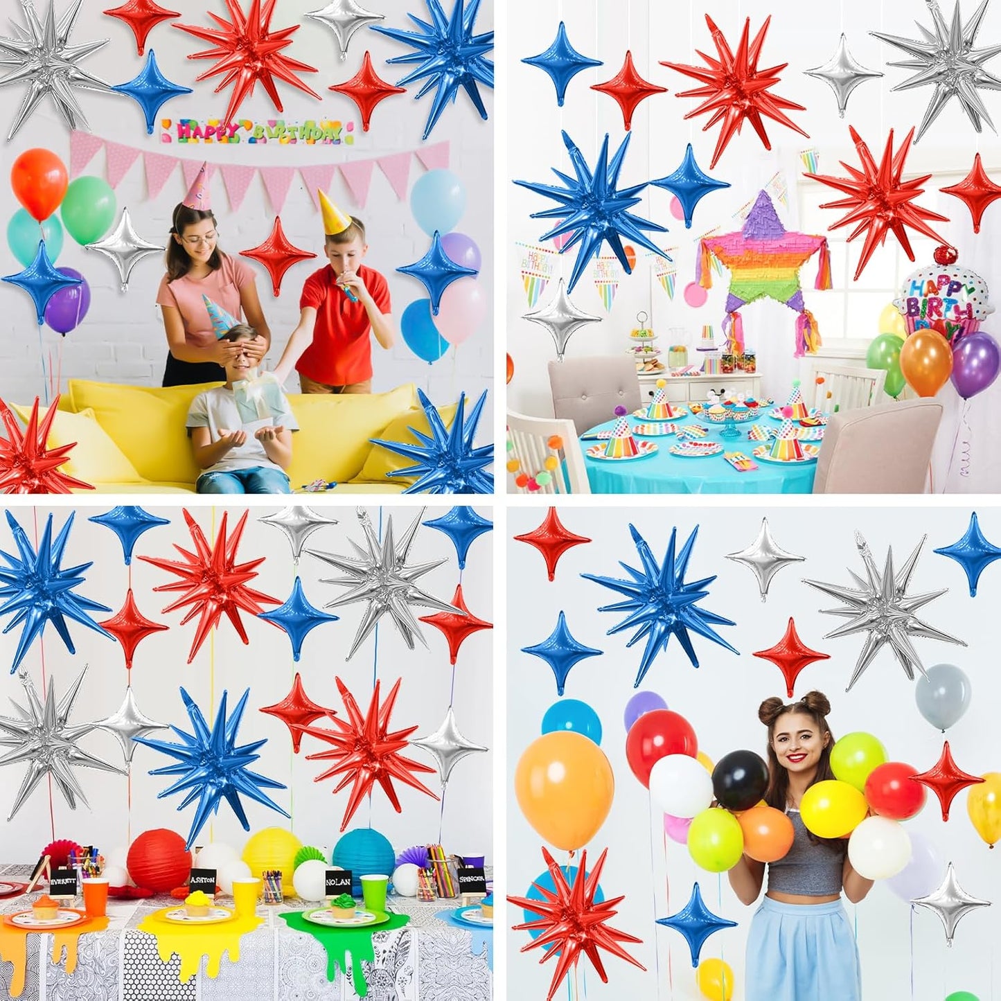 Red Blue Silver Star Balloons,6Pcs 22Inch Explosion Star Balloons and 10Pcs 10Inch Four Angle Balloon Kit for 4th of July Independence Day Birthday Anniversary Usa Party Patriotic Decorations