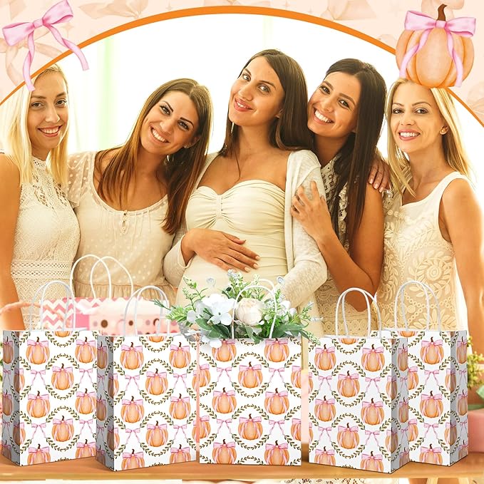 Kolldenn 16 Pcs Coquette Pumpkin Bow Paper Gift Bags Women Birthday Thanksgiving Party Favor Goodie Candy Bags with Handles for Bridal Engagement Party Supplies 8.3 x 5.9 x 3.1 In(White, Pumpkin Bow)