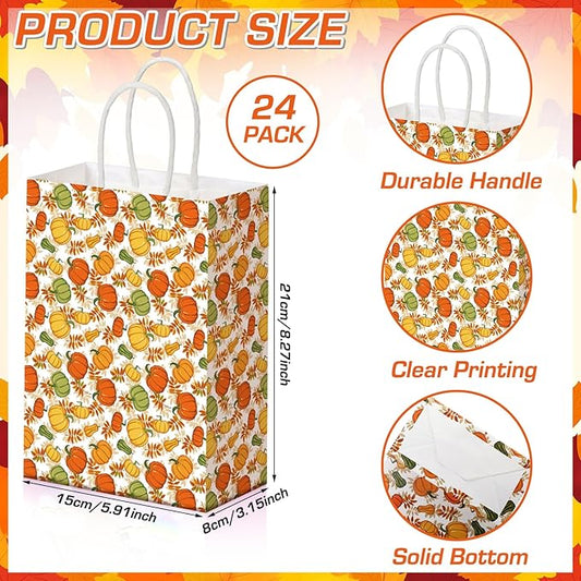 Glenmal 24 Pcs Thanksgiving Party Favors Bags Fall Gift Goodie Paper Bags with Handles Maple Leaf Pumpkin Pouch for Thanksgiving Party Decorations Supplies