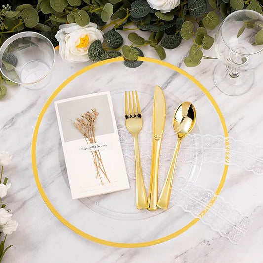 Goodluck 25 Pack Reusable Plastic Clear Charger Plates with Gold Rim, 12-Inch, for Dinner, Wedding, Party, Event Table Decoration, Clear&Gold
