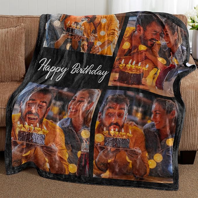 Ships Next Day Custom Blanket with Picture Text Personalized Throw Blanket Photo Collage Blankets Customized Birthday Gifts for Couple Girlfriend Boyfriend Family Kids Friends Pet