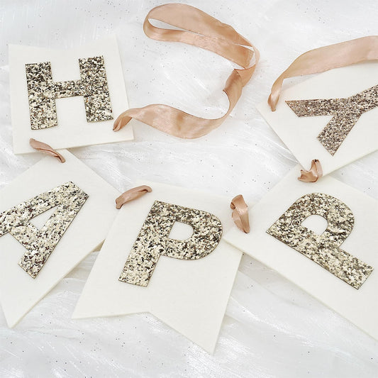 Felt Happy Birthday Banner with Glitter Letters, Cream White Boho Groovy Garland, Reusable Gold Glitter Sign, Thick Felt Bunting Decor for Sweet 16 21st 30 40 50 60 70 Birthday Party