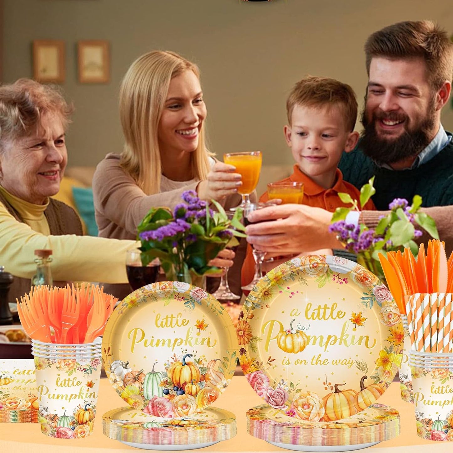 168PCS Little Pumpkin Party Supllies for Girls Boys Boho Fall Floral Birthday Party Decorations Thanksgiving Tableware Autumn Farm Plates Cups Napkins Cups Dinnerware for 24 Guests