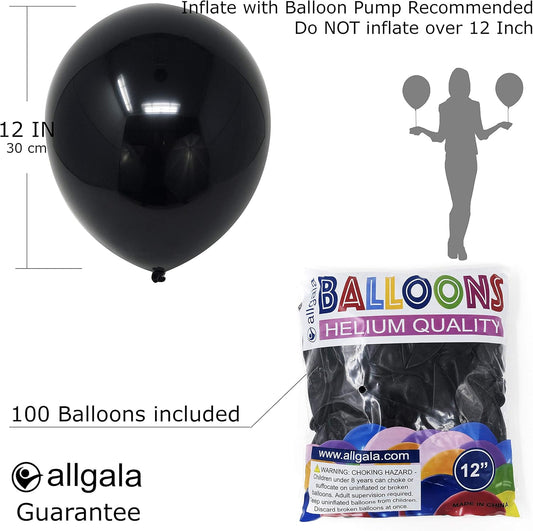 Allgala Latex Balloons for Parties | Helium Grade Bulk Balloon Pack | Ideal for Halloween, Birthday Party Decorations, Baby Shower, Christmas Party | Colored Balloons for Events | 100ct 12" - Black