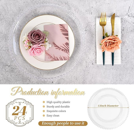 24 PCS Clear Round Charger Plates with Beaded Rim, 13 Inch Plastic Acrylic Plate, Plastic Round Beaded Dinner Decorative Service Plates for Wedding Party Event, Home Kitchen Tabletop(Clear)