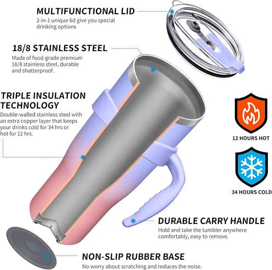 THILY 40 oz Insulated Tumbler with Handle - Stainless Steel Coffee Travel Mug with Lid and Straws, Keep Drinks Cold for 34 Hours or Hot for 12 Hours, BPA Free, Lavender Dream