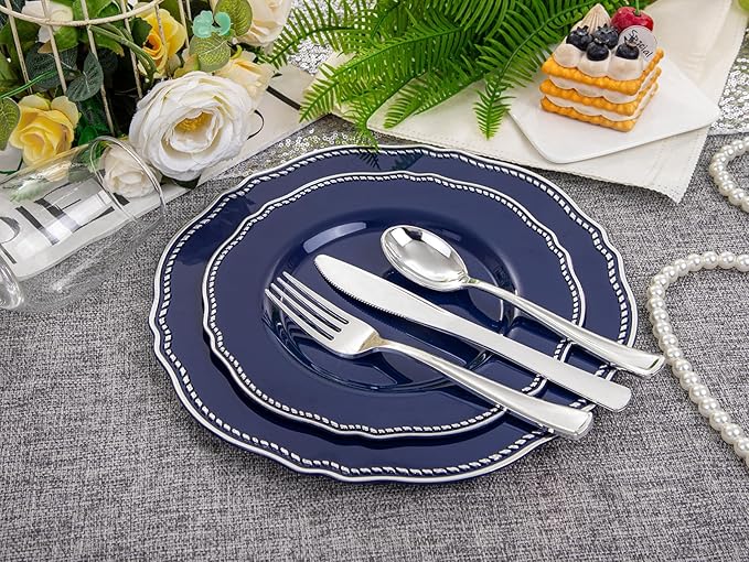Hioasis 60pcs Blue Plastic Plates - Blue and Silver Disposable Dinnerware with Gold Rim, Heavy-duty, 7.5 inch, Dessert Plates for Party & Christmas