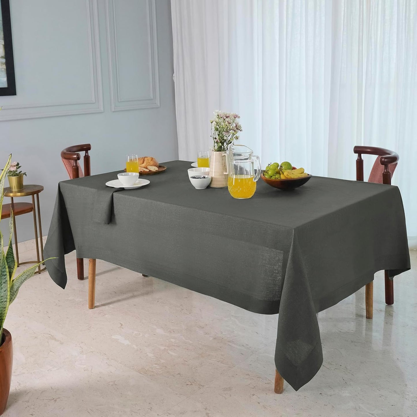 D'Moksha Homes Linen Tablecloth 60 x 90 Inch - 100% Pure Linen Charcoal Grey Tablecloth for Rectangle Tables - Machine Washable Table Cloth for Fall, Autumn and Halloween
