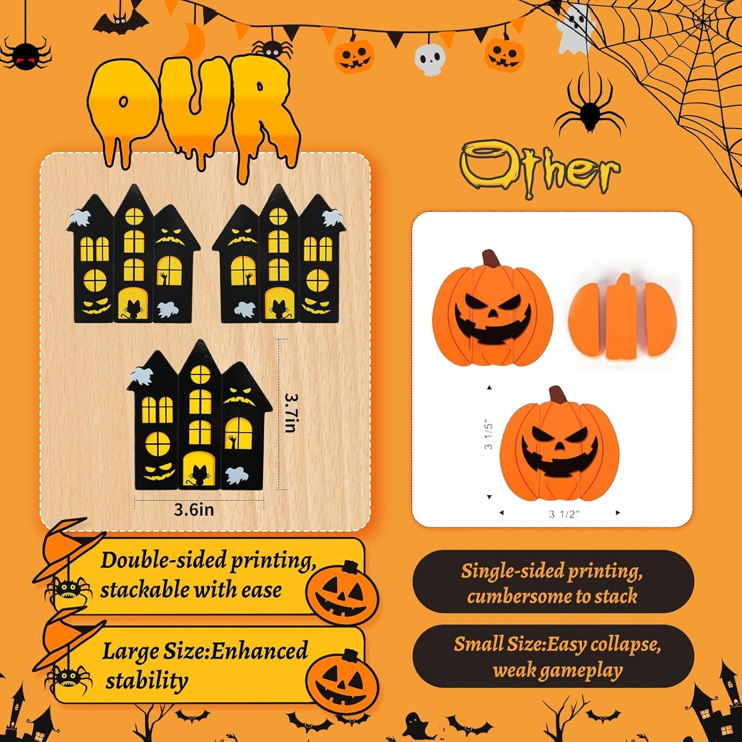 Halloween Wooden Blocks Stacking Games, Haunted Castle Theme Tumbling Tower and Balance Game for Adults, Kids, and Family Party, Stacking Board Toy with Storage Bag, Halloween Party Activities Gifts