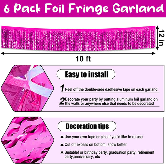 6 Pack 10 Feet Rose Red Wave Foil Fringe Garland Metallic Tinsel Streamers Banner Wall Hanging Curtain Backdrop for Parade Floats, Mother's Day, Easter, Wedding, Birthday Party Decoration