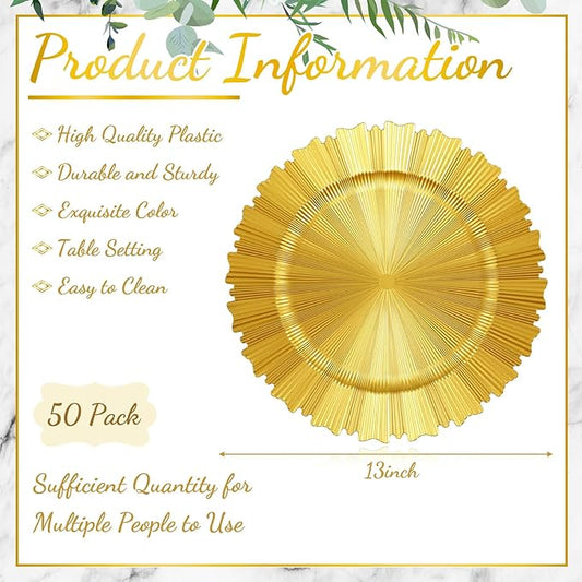 Mifoci 50 Pcs Bright Gold Charger Plates Bulk 13 Inch Plastic Round Chargers Fluted Edge Dinner Plate Wedding Decoration for Table Setting Wedding Party Event Tabletop