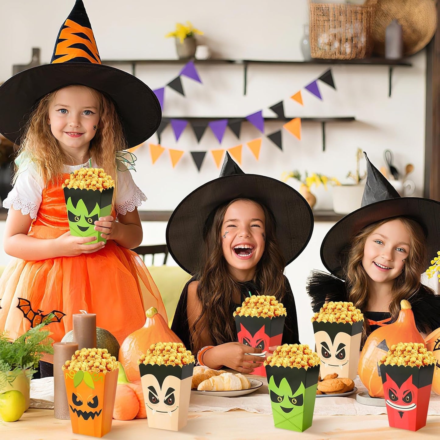 DECYOOL 24 Pcs Halloween Popcorn Boxes, 4 Designs Mini Halloween Popcorn Bags for Snacks Candy Cookies Party Favors