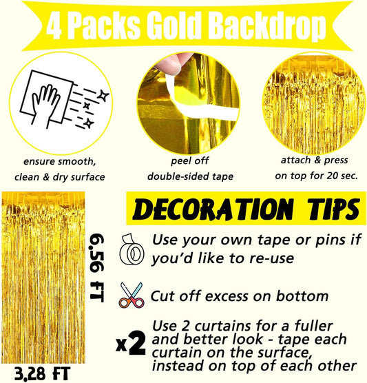 4 Pack Gold Fringe Curtain Backdrop, 3.2Ft x 6.6Ft Metallic Tinsel Foil Fringe Streamers Background for Photo Booth Birthday Wedding Baby Shower Carnival Easter Mother’s Day Party Decorations