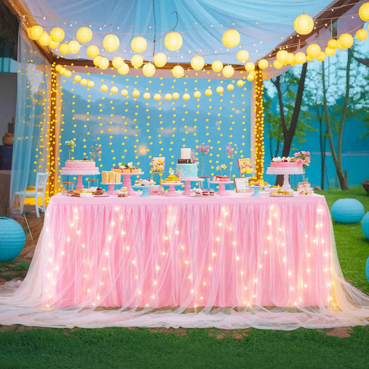 6FT Pink Tulle Table Skirt for Rectangle or Round Tables, Pink Tutu Table Skirt with LED Lights for Princess Girl Birthday Party Baby Shower Gender Reveal Wedding Banquet Cake Dessert Decorations