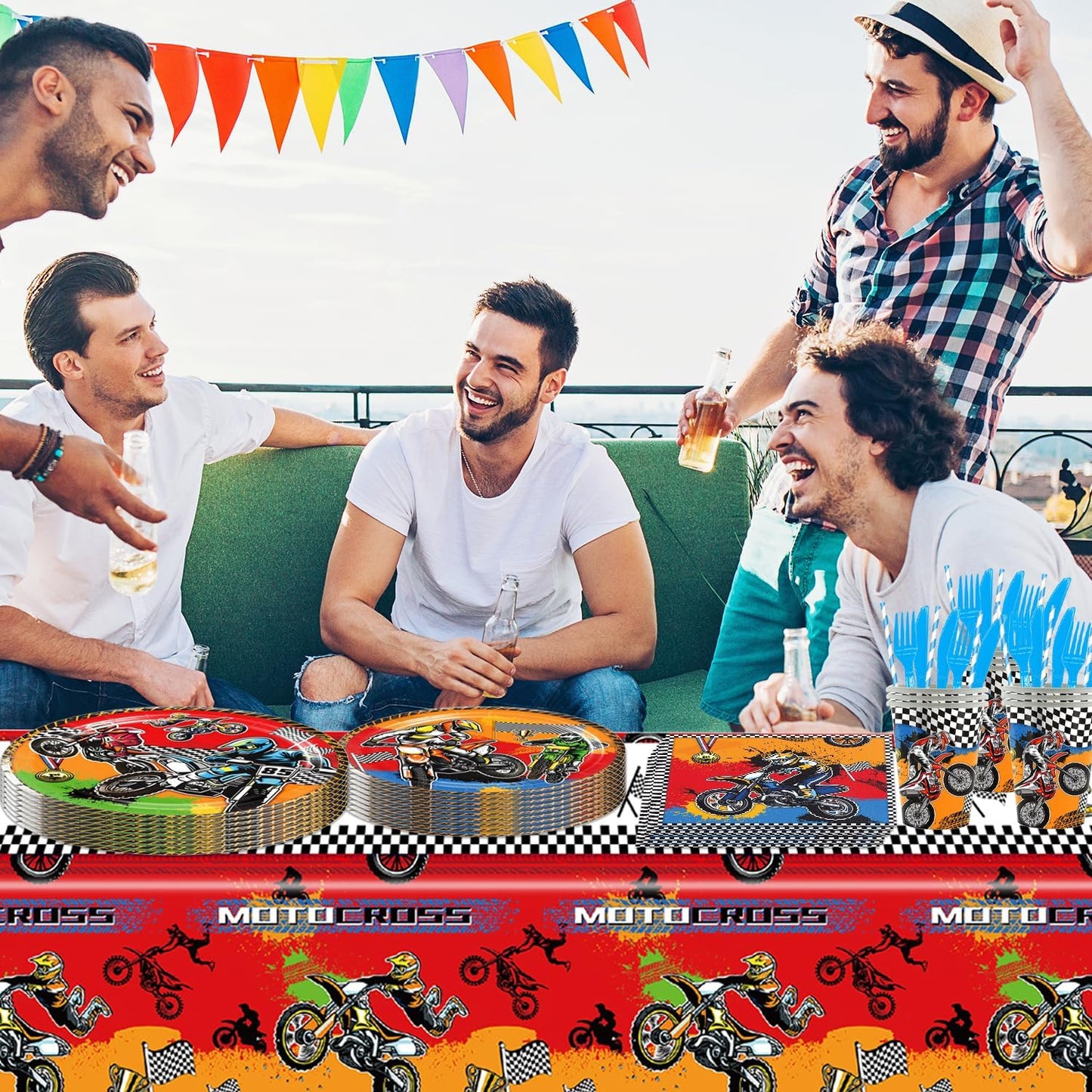 141pcs Dirt Bike Party Decorations,Dirt Bike Party Disposable Tableware set Includes Dinner Plate Dessert Plate Paper Napkin Cup Knife Fork Straws Tablecloth Motocross Dirt Bike Supplies set