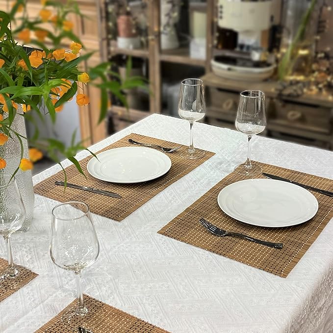 ANDSTAR 6 Pcs Natural Bamboo Placemat with Matching 1 Piece 12 x 72 Inch Table Runner Heat Resistant Oil-Proof Non-Slip Waterproof Easy to Clean Place Mats and Table Runner(Brown) …
