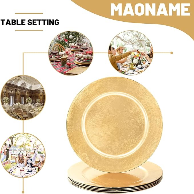 MAONAME Foil Gold Charger Plates Set of 6, 13" Plate Chargers for Dinner Plate, Plastic Round Chargers for Table Setting, Wedding Bulk