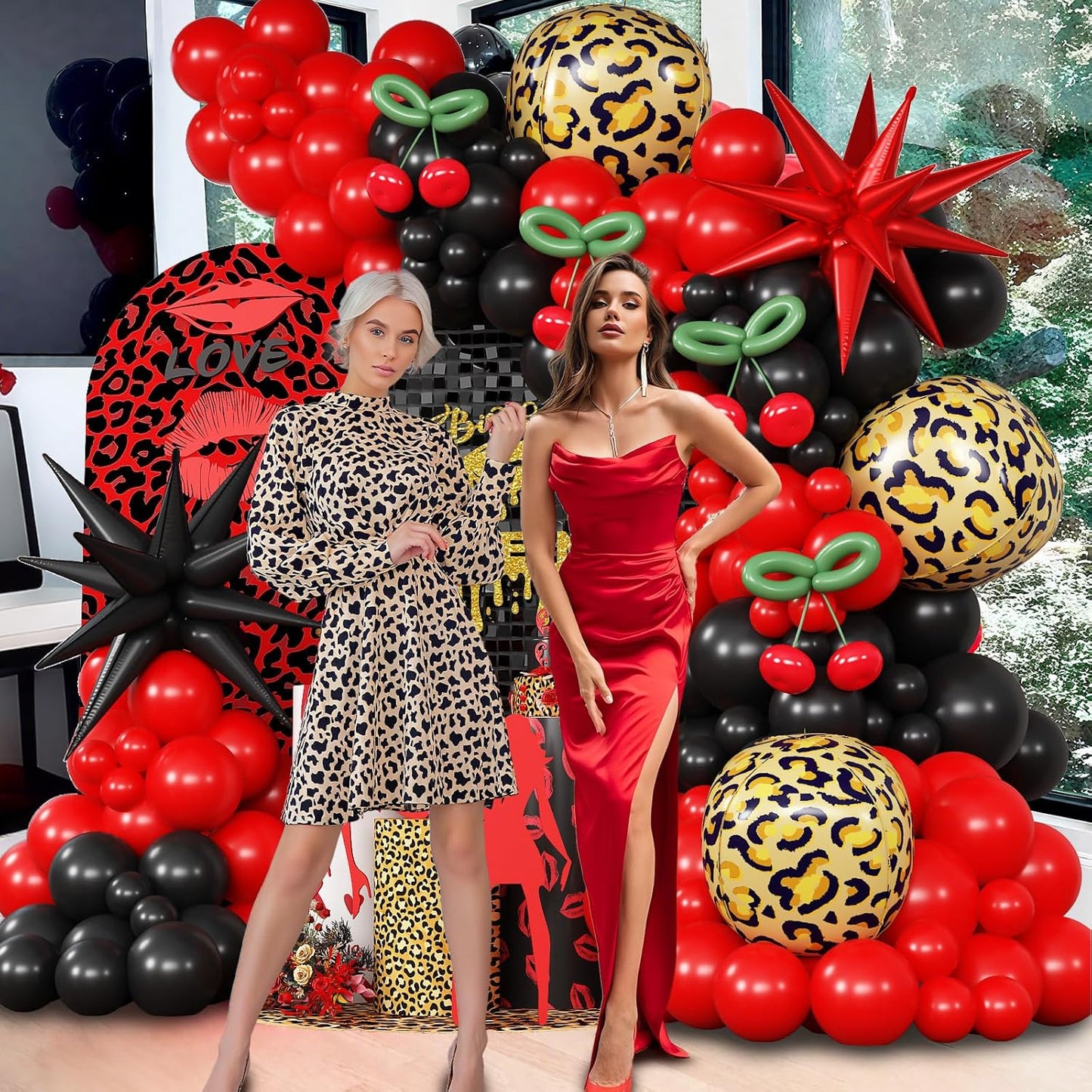 Red Black Balloons Garland Arch Kit, 133pcs Green Cherry Black Red Explosion Star Foil Balloons, 4D Cheetah Print Mylar Balloons for Berry Themed Birthday Baby Shower Bachelorette Party Decorations