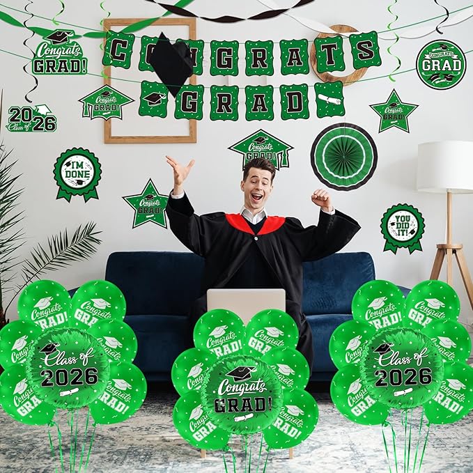 Green Themed 2026 Graduation Decorations Set - Congrats Grad Banner, Class of 2026 Backdrop, Balloons & Streamers Kit - Complete Party Supplies for High School & College Celebrations
