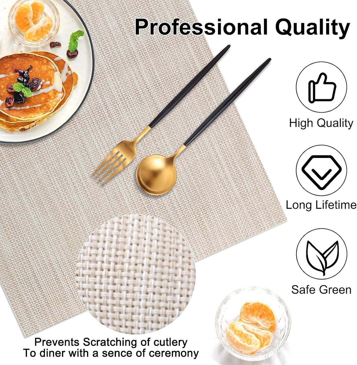 Vinyl Placemats Set of 4, PVC Woven Washable Non-Slip Table Mats, Heat Resistant Wrinkle Free Place Mats for Dining Table, Easy to Clean (4, Beige)