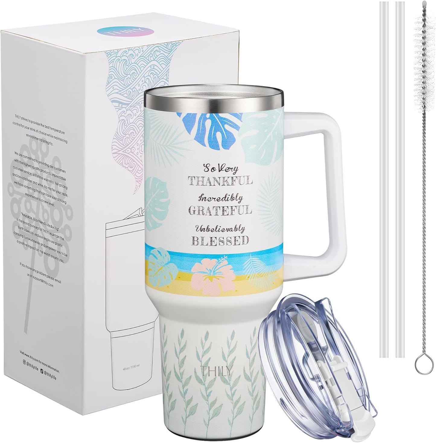 THILY 40 oz Stainless Steel Tumbler with Handle - Vacuum Insulated Travel Cup, Splash-Proof & Leakproof Lid, 2 Straws & Brush | Keeps Cold 34H/Hot 12H, Cupholder Friendly, Garden