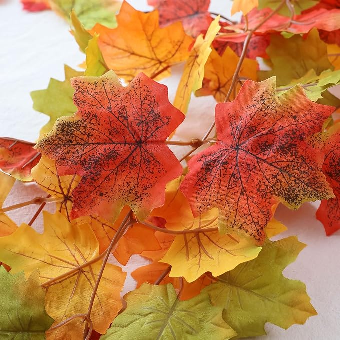 Mizii Fall Decor 5 Packs 390" Artificial Maples Vines Garland Fake Vine Fall Garland Silk Maple Leaves Faux Hanging Plants for Thanksgiving Porch Mantle Fireplace Farmhouse Harvest Decorations (Maple)